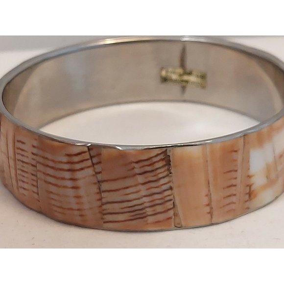 Vtg inlay Block Shell Bangle Bracelet Philippines Brown Cream Silver Tone Metal - Picture 6 of 11